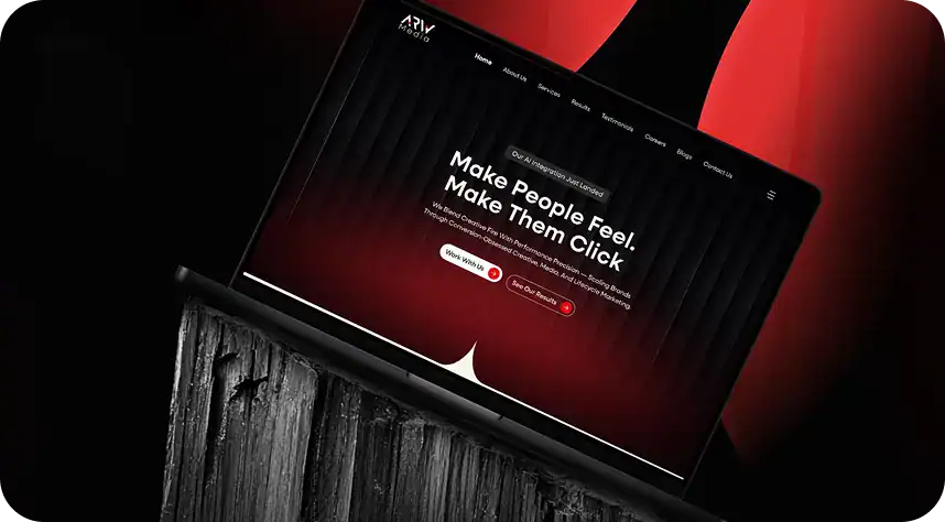 WAZ Tech Studio website displayed on a tablet with a dark background.
