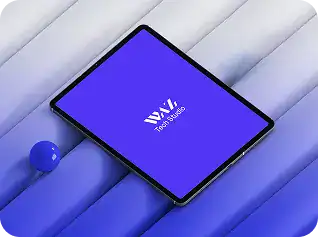 High-tech tablet displaying WAZ Tech Studio logo on a modern, sleek background.
