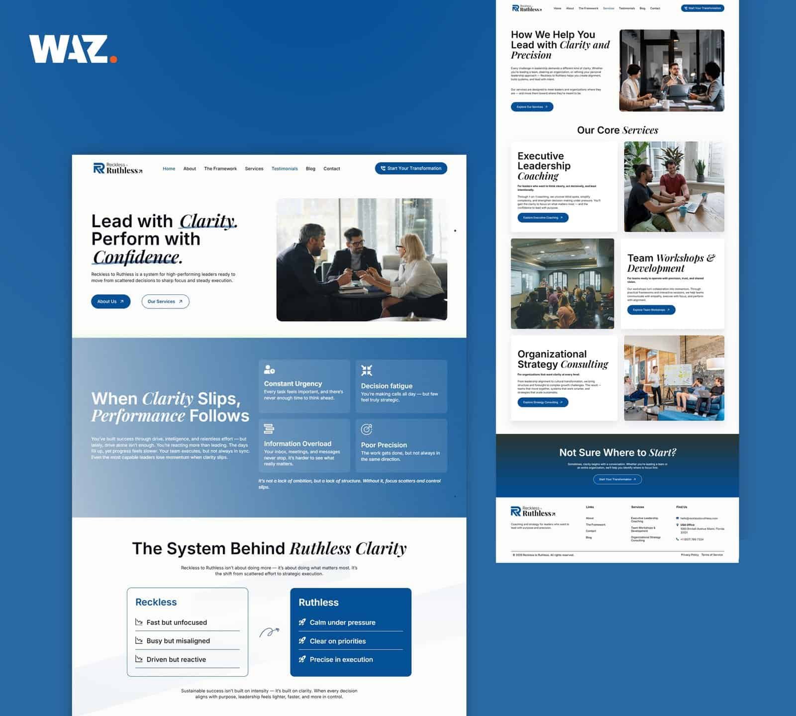 WAZ Tech Studio homepage showcasing leadership coaching and strategic consulting services.