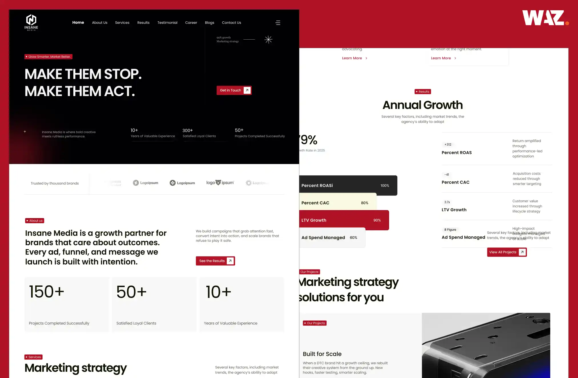 Screenshot of WAZ Tech Studio website showcasing marketing strategies and growth analytics.